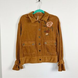 XCVI Corduroy Floral Embroidered Shacket Shirt Button Up Pocket Cuff Detailing